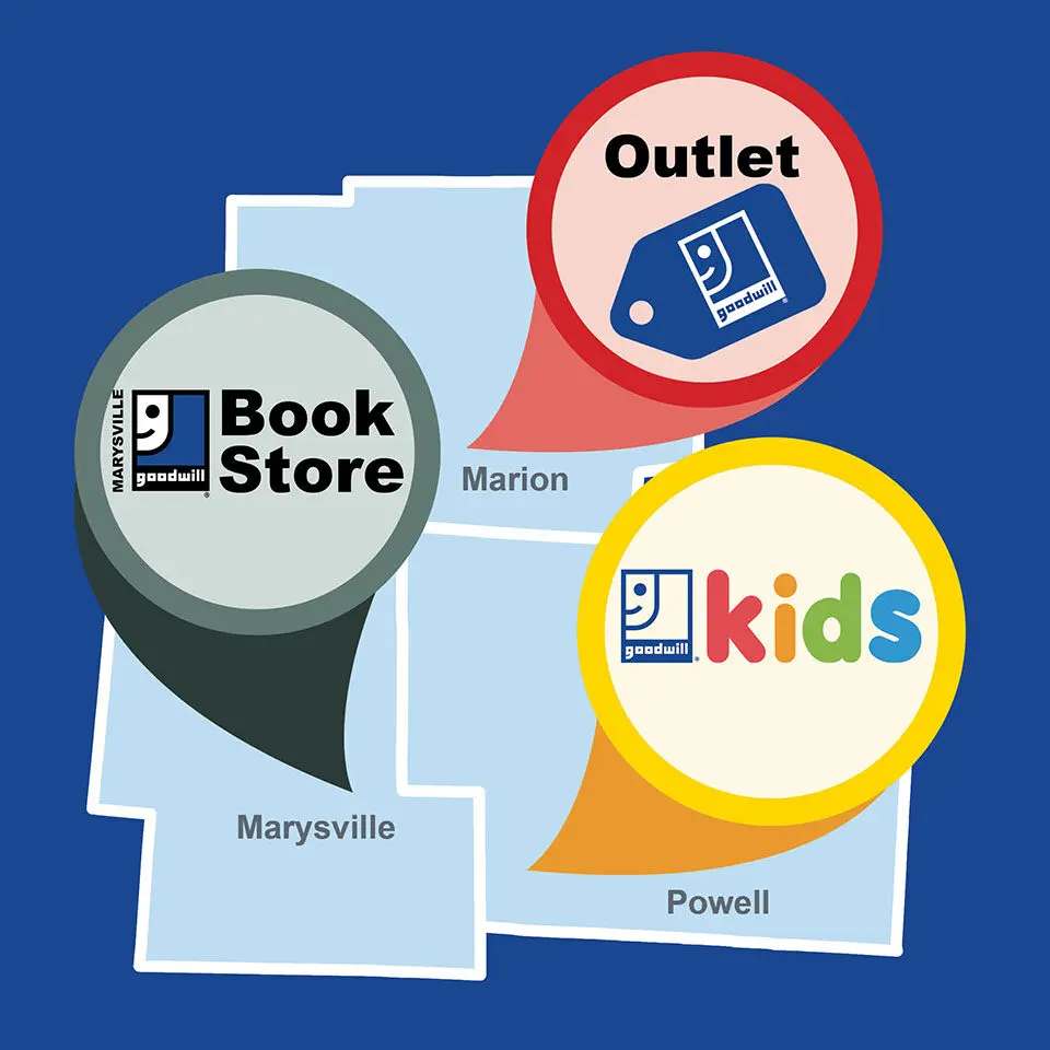 Map graphic showing pin locations for Goodwill Outlet, Goodwill Book Store, and Goodwill Kids.