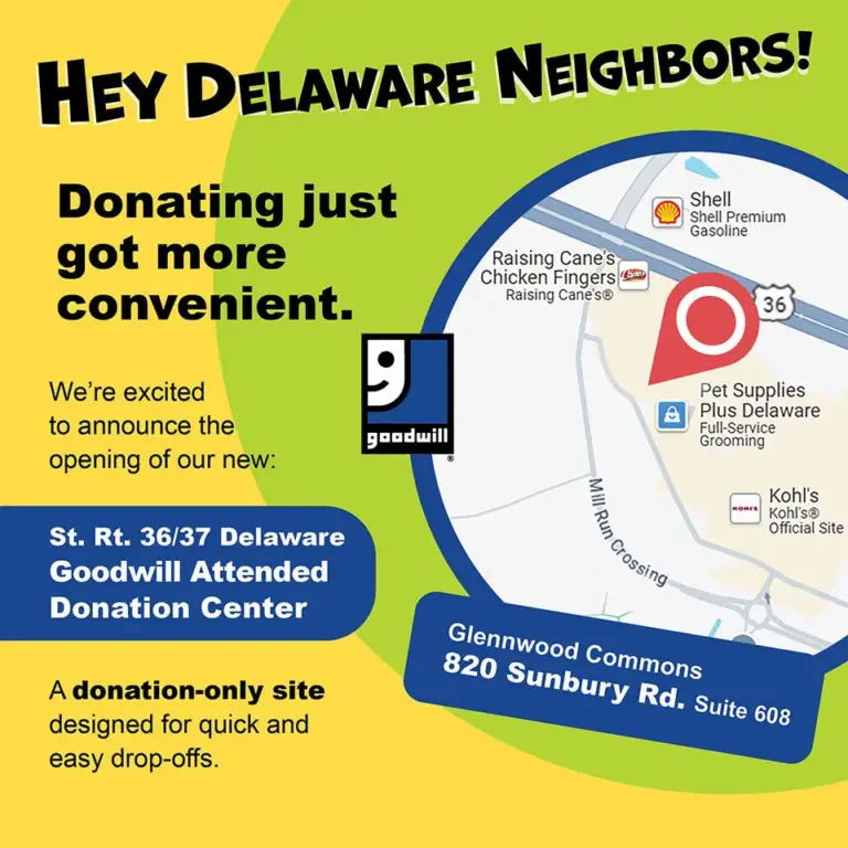 Hey Delaware neighbors! Goodwill attended donation center is now open at Glennwood Commons in Delaware.