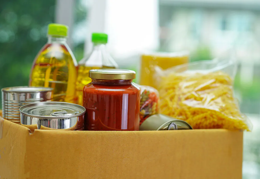Donation box filled with non-perishable food items.